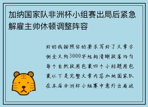加纳国家队非洲杯小组赛出局后紧急解雇主帅休顿调整阵容