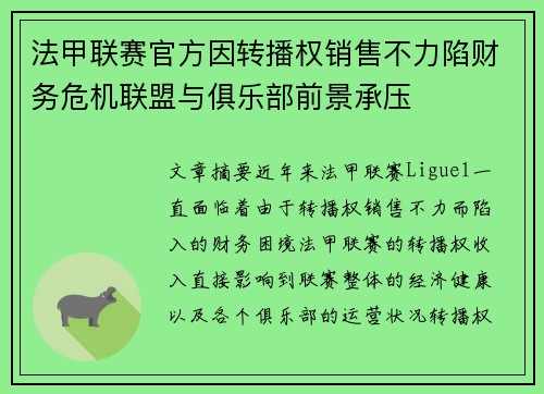 法甲联赛官方因转播权销售不力陷财务危机联盟与俱乐部前景承压 法甲联赛官方因转播权销售不力陷财务危机联盟与俱乐部前景承压