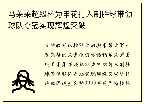 马莱莱超级杯为申花打入制胜球带领球队夺冠实现辉煌突破 马莱莱超级杯为申花打入制胜球带领球队夺冠实现辉煌突破