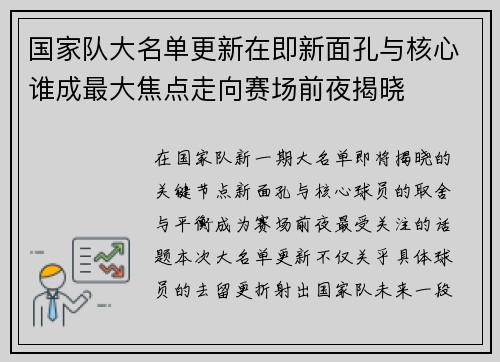 国家队大名单更新在即新面孔与核心谁成最大焦点走向赛场前夜揭晓 国家队大名单更新在即新面孔与核心谁成最大焦点走向赛场前夜揭晓